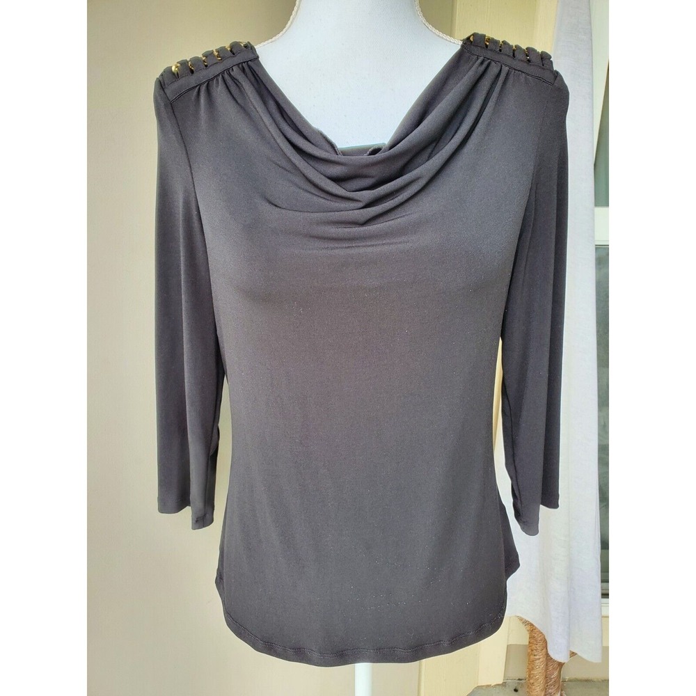 Charter Club Top Womens Small Black Gold Beaded Cowl Neck Stretch Casual Career